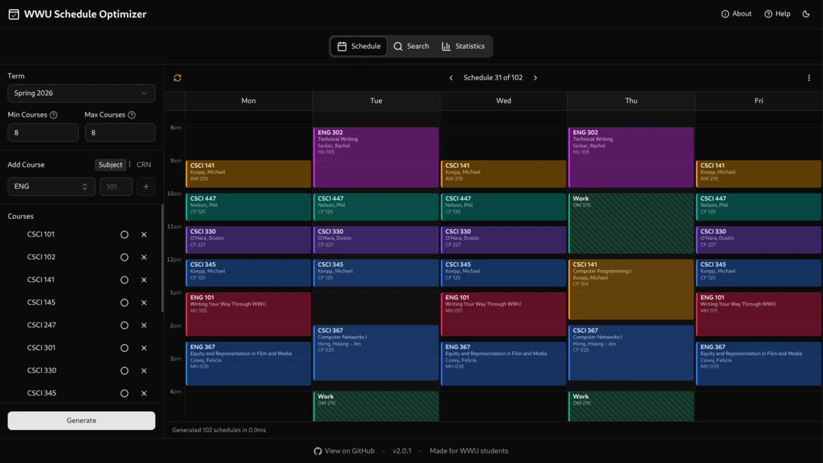 WWU Schedule Optimizer screenshot